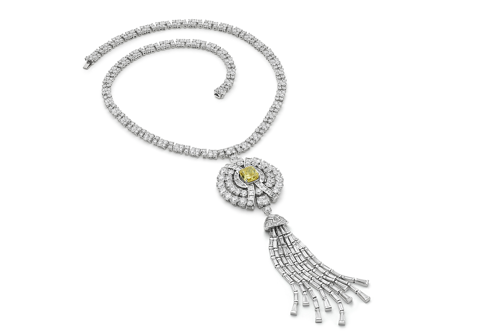  The Bulgari High Jewellery Magnifica necklace worn by Zendaya on the Oscars 2021 red carpet with a 6 carat cushion-shaped fancy vivid yellow diamond and colourless diamonds totalling 135 carats 