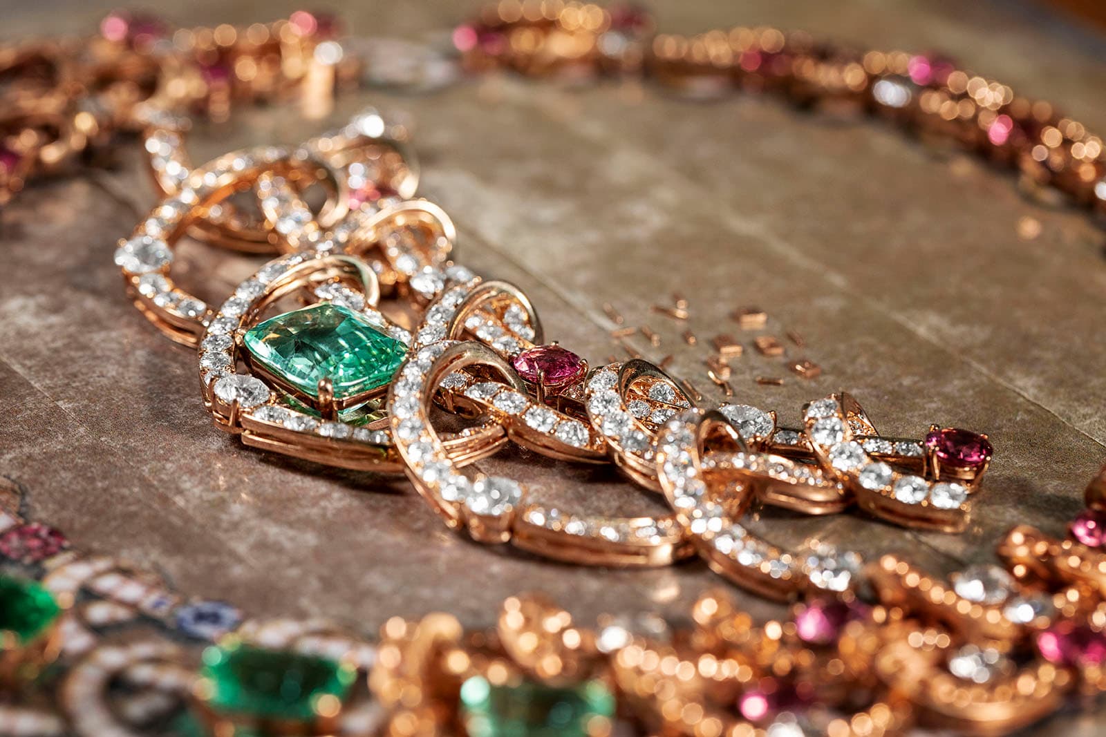  Bulgari Colour Journeys Paraiba Tourmaline High Jewellery necklace contains 25 round brilliant cut diamonds of 11.78 carats 