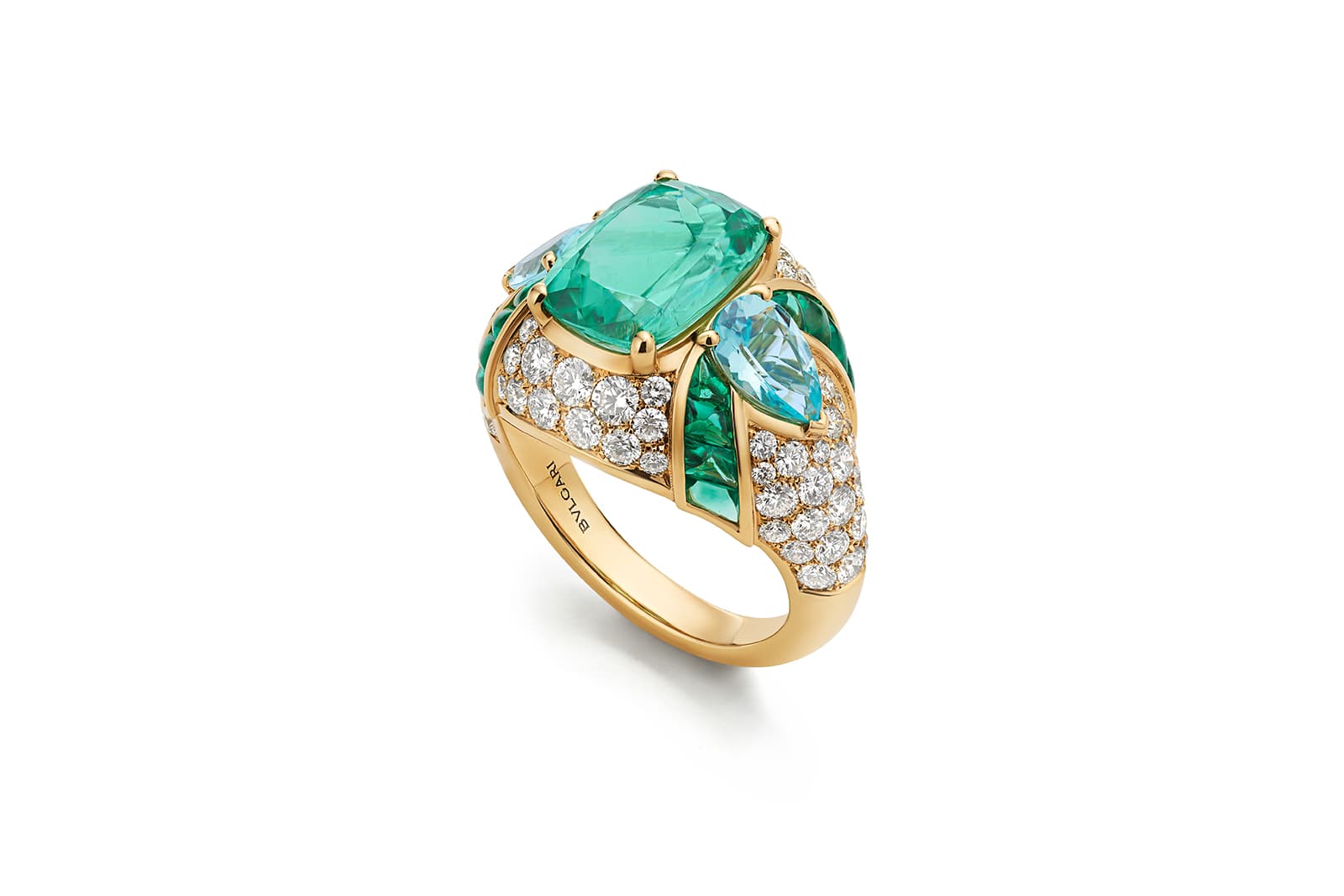 Bulgari Colour Journeys Paraiba Tourmaline High Jewellery ring in yellow gold with1 cushion Paraiba tourmaline (3.59 ct), 2 pear Paraiba tourmalines (1.12 ct), 16 fancy emeralds (0.94 ct) and pavé-set diamonds (D-F IF-VVS 1.65 ct)