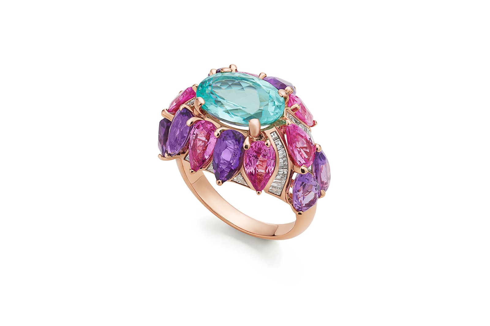  Bulgari Colour Journeys Paraiba Tourmaline High Jewellery ring in pink gold with 1 oval Paraiba tourmaline (3.35 ct), 8 pear amethysts (3.76 ct), 6 pear sapphires (3.15 ct) and 36 fancy diamonds (E-F VVS-VS 0.77 ct)
