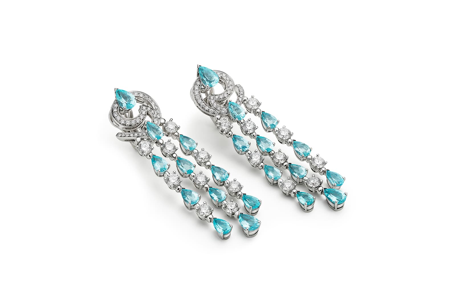  Bulgari Colour Journeys Paraiba Tourmaline High Jewellery earrings in white gold with 22 pear Paraiba tourmalines (9.31 ct), 18 round brilliant-cut diamonds (D-F VVS 4.22 ct) and pavé-set diamonds (D-F IF-VVS 0.56 ct)