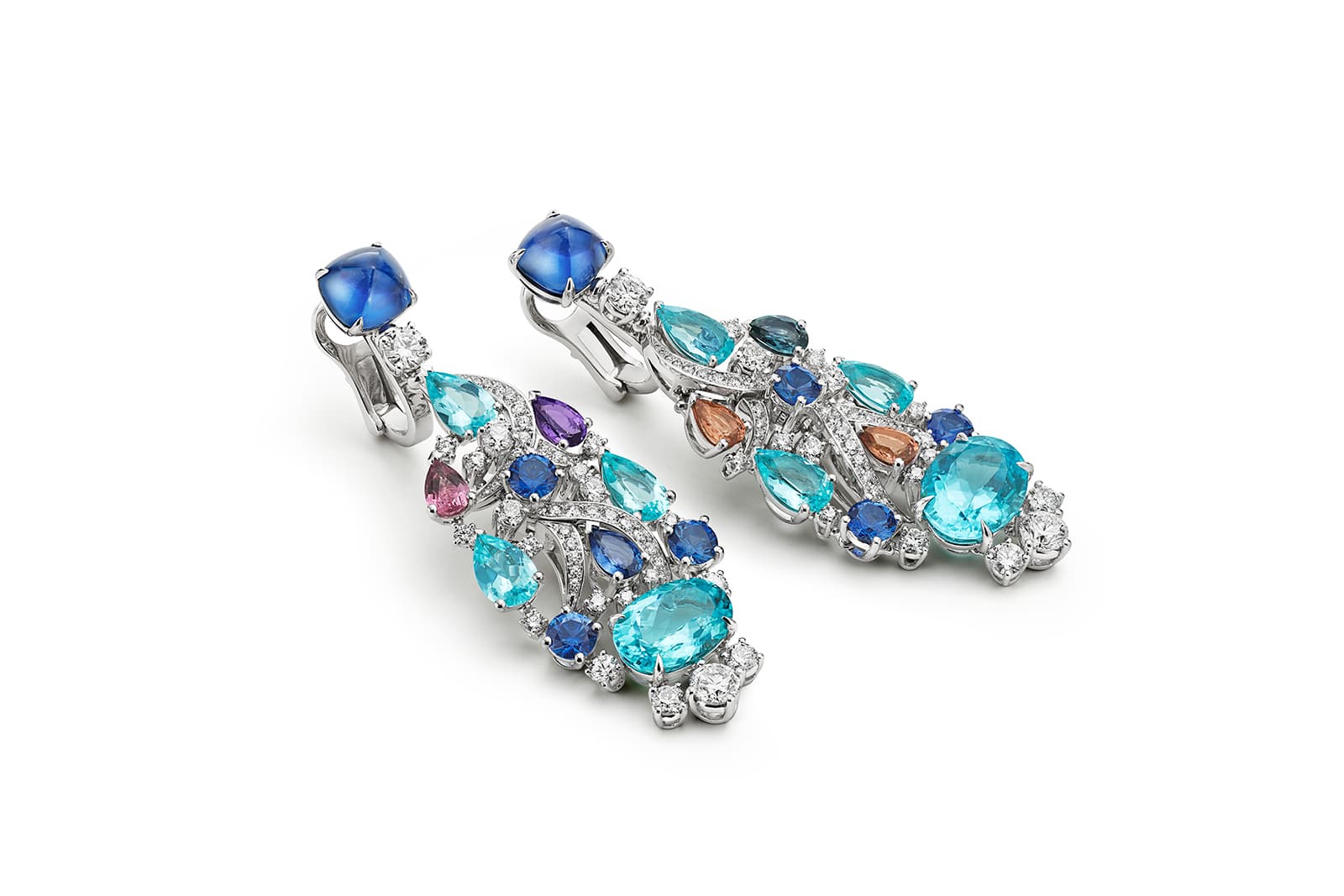 Bulgari Colour Journeys Paraiba Tourmaline High Jewellery earrings in white gold with 2 sugar-loaf sapphires (Sri Lanka 3.27 ct – 3.41 ct), 12 pear and round fancy sapphires (5.12 ct), 8 pear and oval Paraiba tourmalines (11.13 ct), 40 round brilliant-cut diamonds and pavé-set diamonds