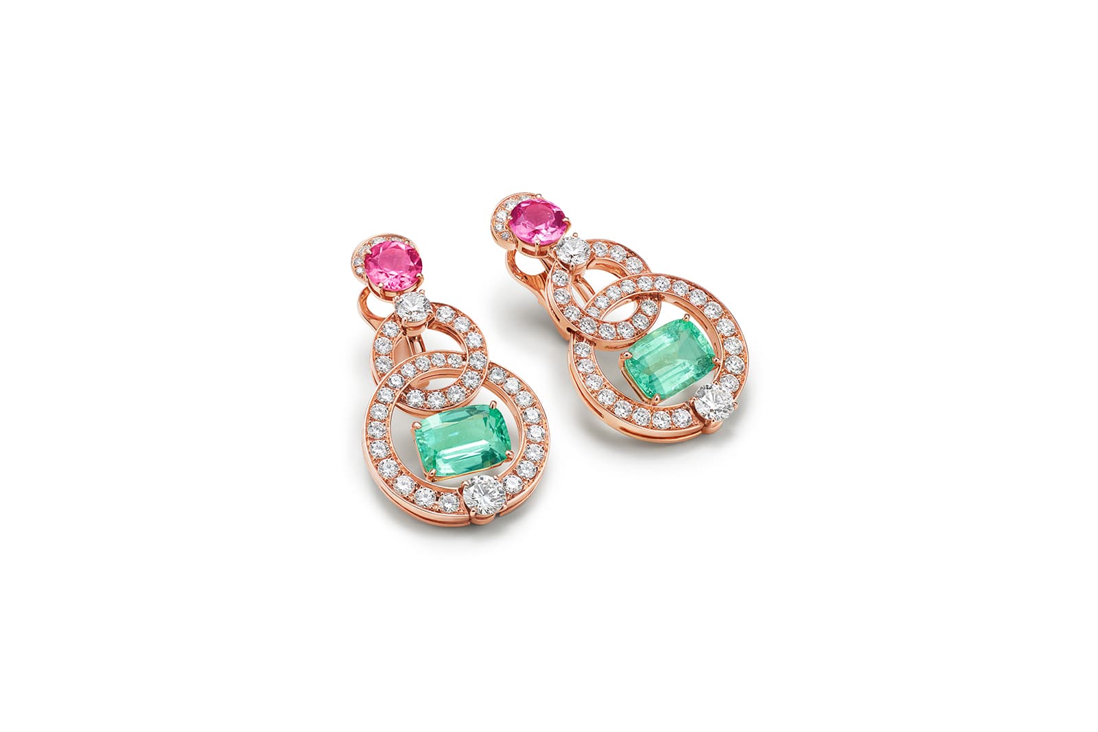  Bulgari Colour Journeys Paraiba Tourmaline High Jewellery earrings in pink gold with 2 cushion Paraiba tourmalines (6.30 ct), 2 round pink tourmalines (2.45 ct), 4 round brilliant-cut diamonds (E-F VVS 1.62 ct) and pavé-set diamonds
