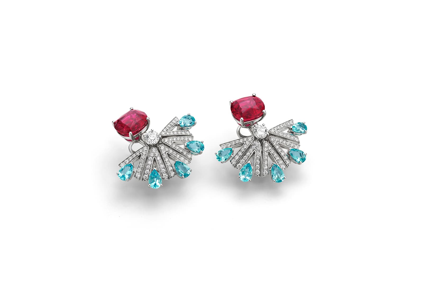  Bulgari Colour Journeys Paraiba Tourmaline High Jewellery earrings in white gold with 2 cushion rubellites (8.35 ct), 19 pear Paraiba tourmalines (3.88 ct), 2 round brilliant-cut diamonds and pavé-set diamonds (D-F IF-VVS 1.84 ct)