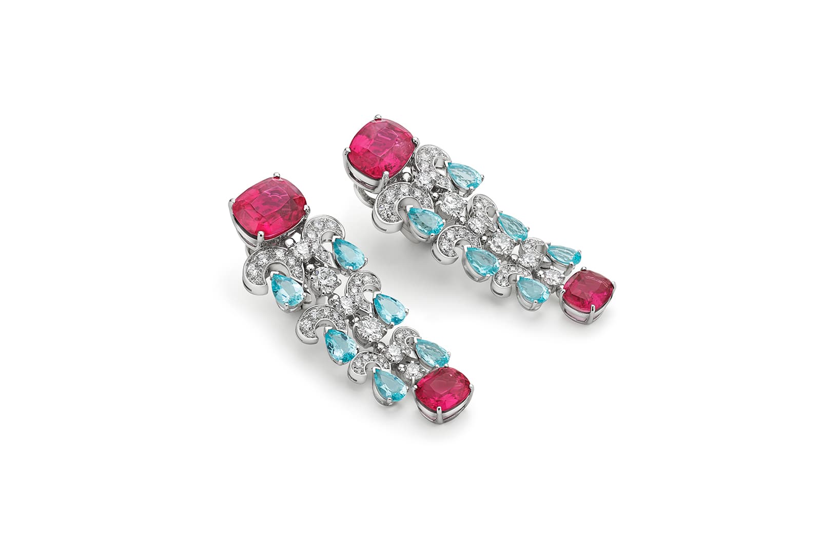 Bulgari Colour Journeys Paraiba Tourmaline High Jewellery earrings in white gold with 4 cushion rubellites (10.98 ct), 12 pear Paraiba tourmalines (4.38 ct), 12 round brilliant-cut diamonds and pavé-set diamonds (D-F IF-VVS 3.18 ct)