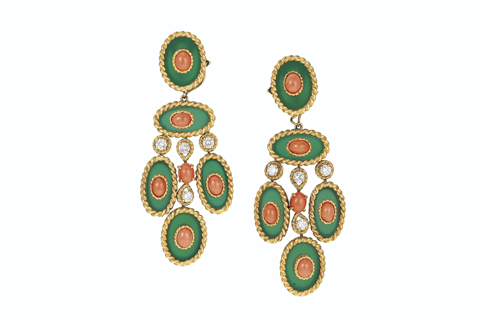  A pair of coral, chrysoprase and diamond earrings by Van Cleef & Arpels, as sold by Sotheby's