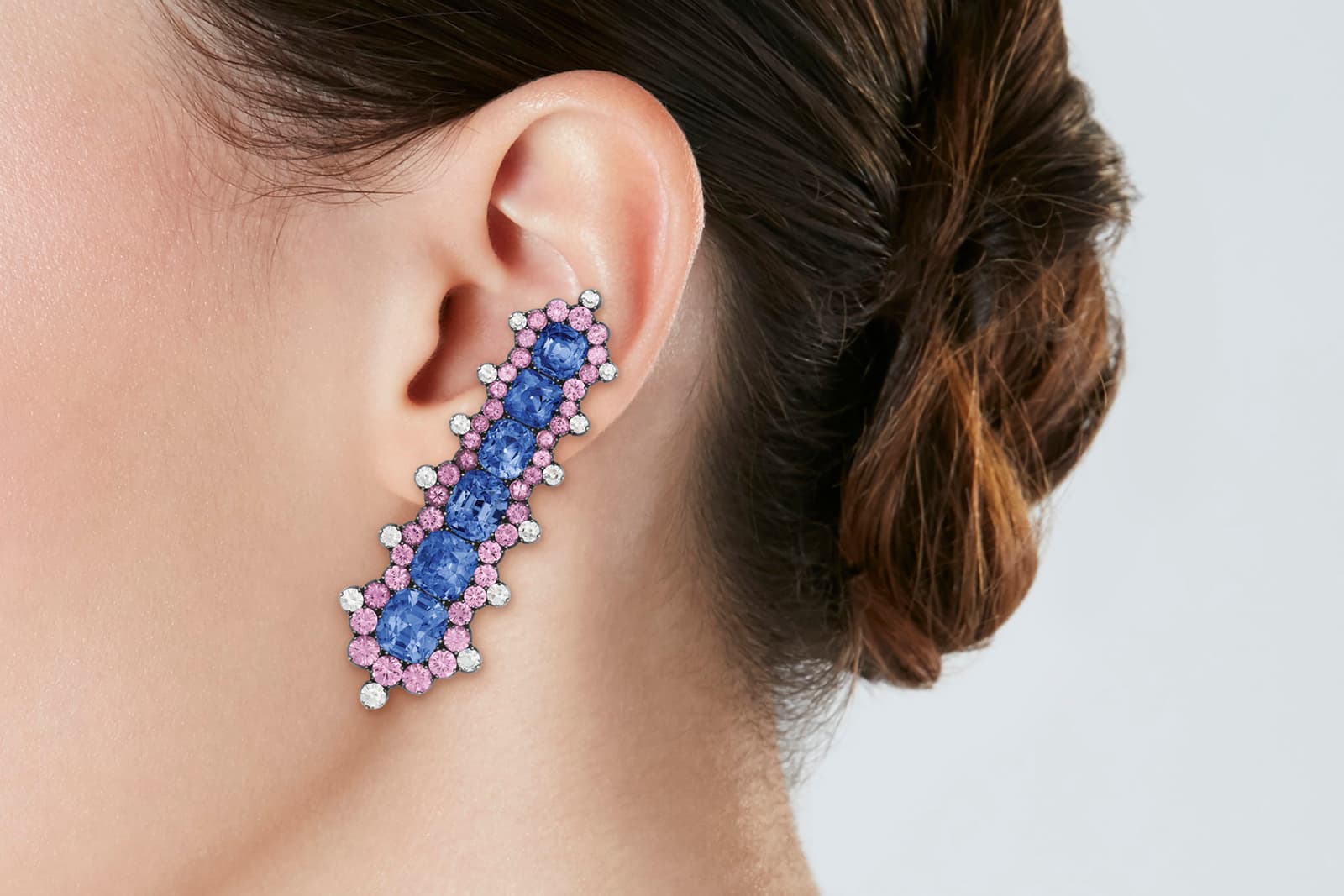 Cushion-cut sapphire earrings with round pink sapphires and round diamonds set in 18k rose gold and silver, signed JAR, sold at Christie's