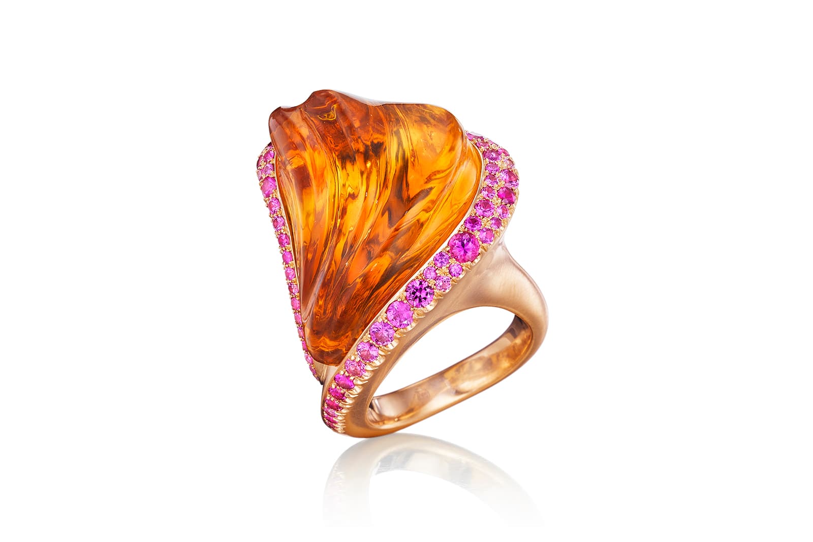  Naomi Sarna ‘Solar Flare’ ring with a hand-carved 58-carat citrine surrounded by pink sapphires and set in 18k yellow gold 