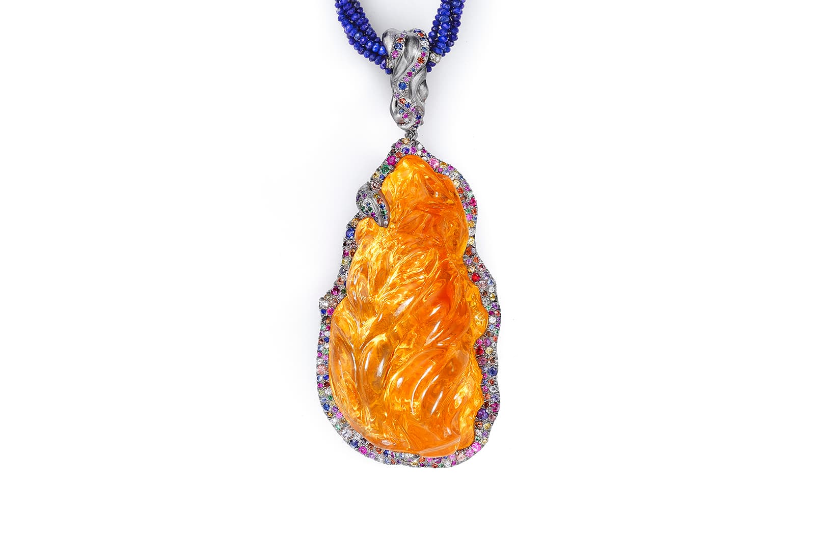  Naomi Sarna ‘Fire Empress’ with a 108 carat Mexican fire opal, multi-coloured diamonds, sapphires and amethysts with a royal blue lapis lazuli necklace, accented with white gold spheres and diamond rondels 