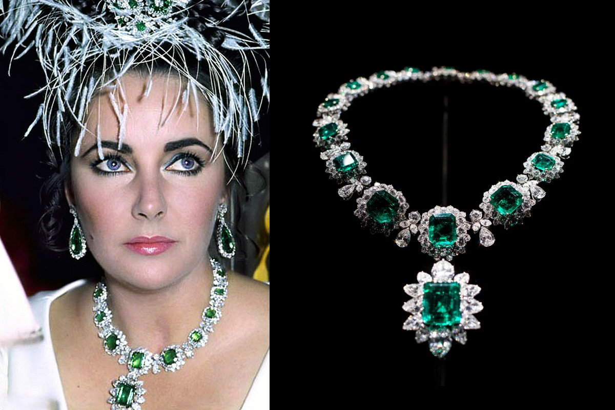  Elizabeth Taylor wearing her famous Bulgari emerald and diamond necklace 