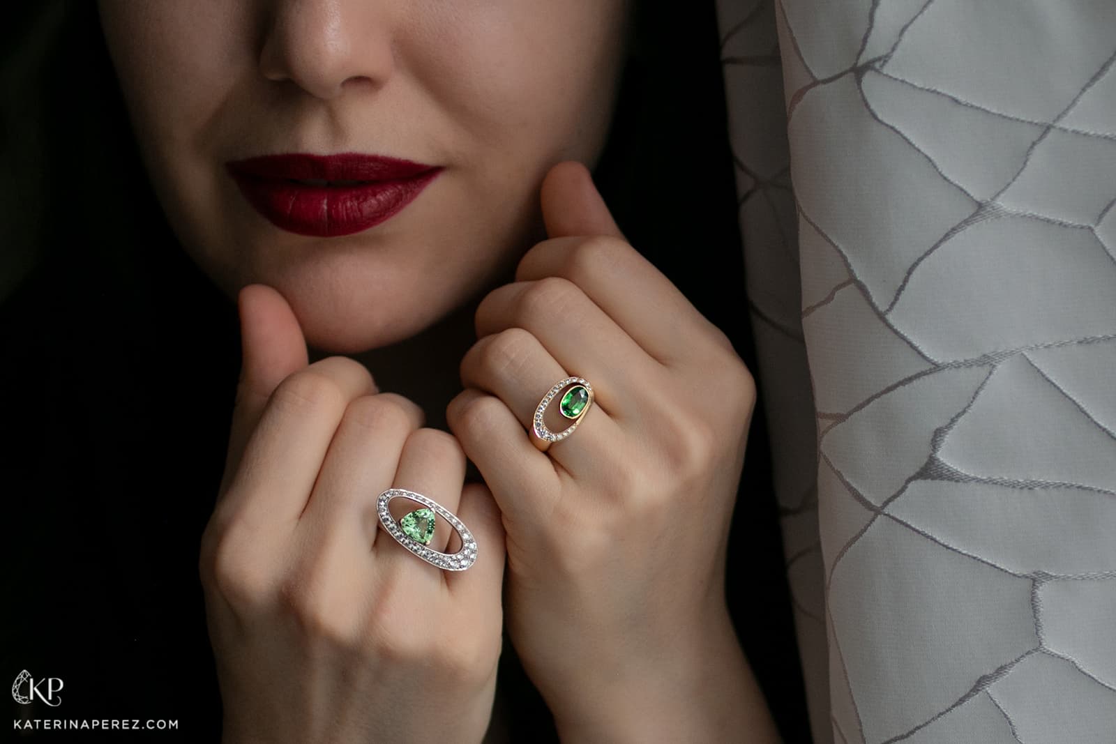 The Afghan tourmaline and diamond ‘Orbital’ ring by Maison Alix Dumas (left) and the ‘Excentric’ ring (right) with a Kenyan tsavorite garnet of 1.51 carats surrounded by diamonds