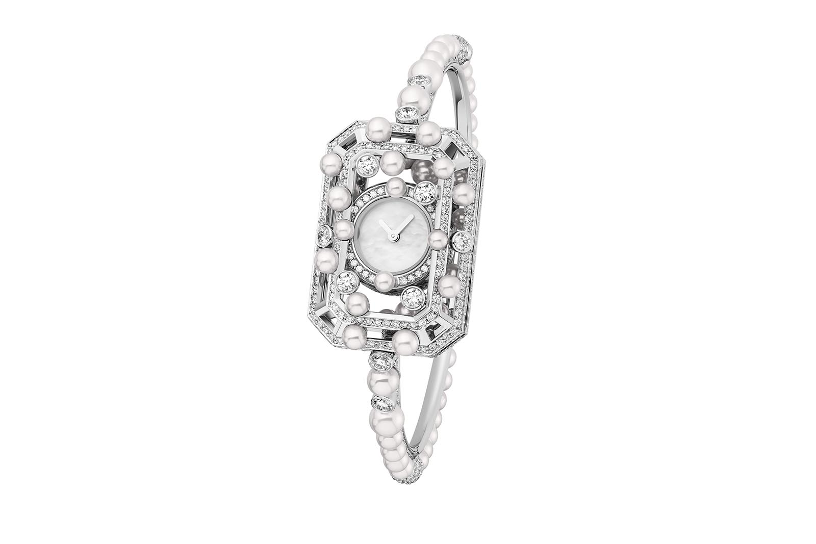  Chanel Bubbly Stopper High Jewellery watch from Collection N°5 in white gold with diamonds and cultured pearls