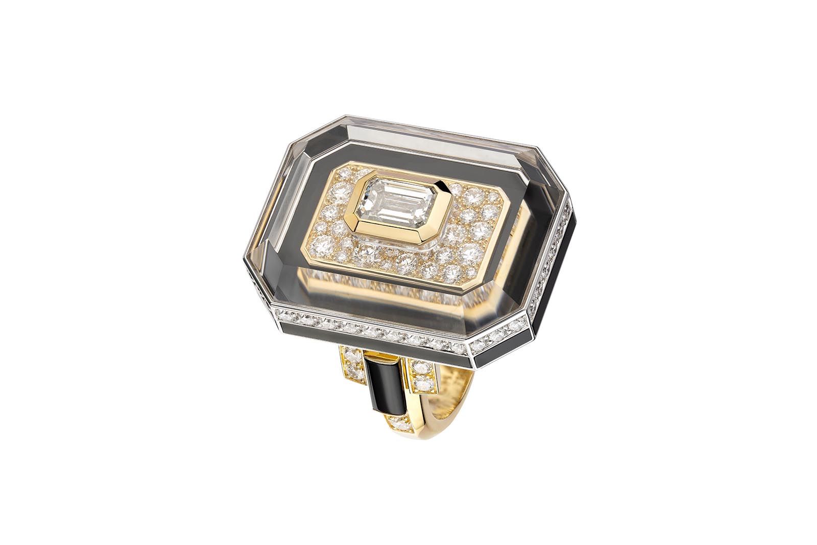  Chanel Crystal Stopper High Jewellery ring from Collection N°5 in yellow gold with diamonds, rock crystal, onyx and glass, including one emerald-cut diamond of 1.02 carats 