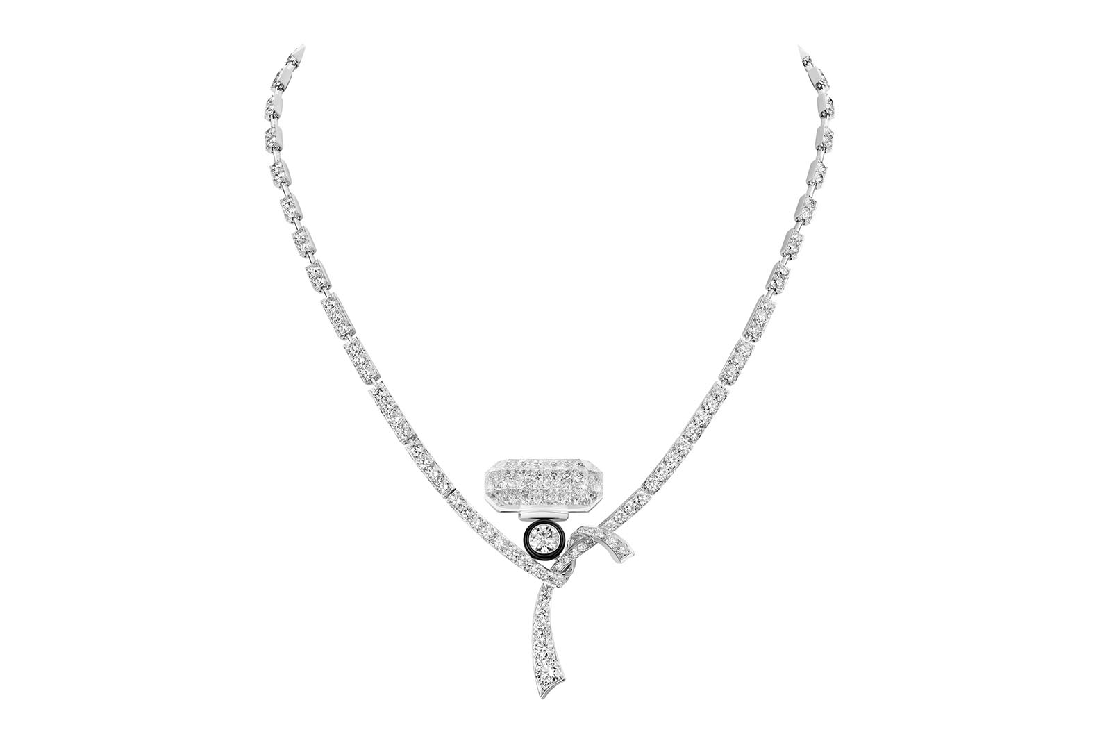   Chanel Ribbon Stopper High Jewellery necklace from Collection N°5 in white gold with diamonds, rock crystal and onyx
