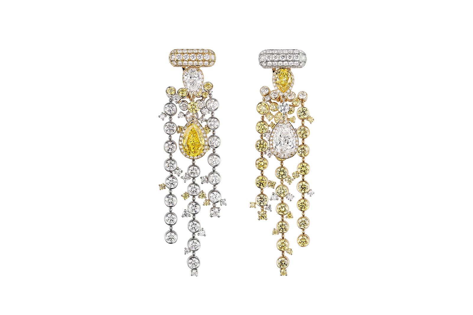  Chanel N°5 Abstraction High Jewellery earrings from Collection N°5 in yellow gold and platinum with diamonds and yellow diamonds, including two pear-cut yellow diamonds of nearly 4 carats and two pear-cut colourless diamonds with a total weight of 3.53 carats 
