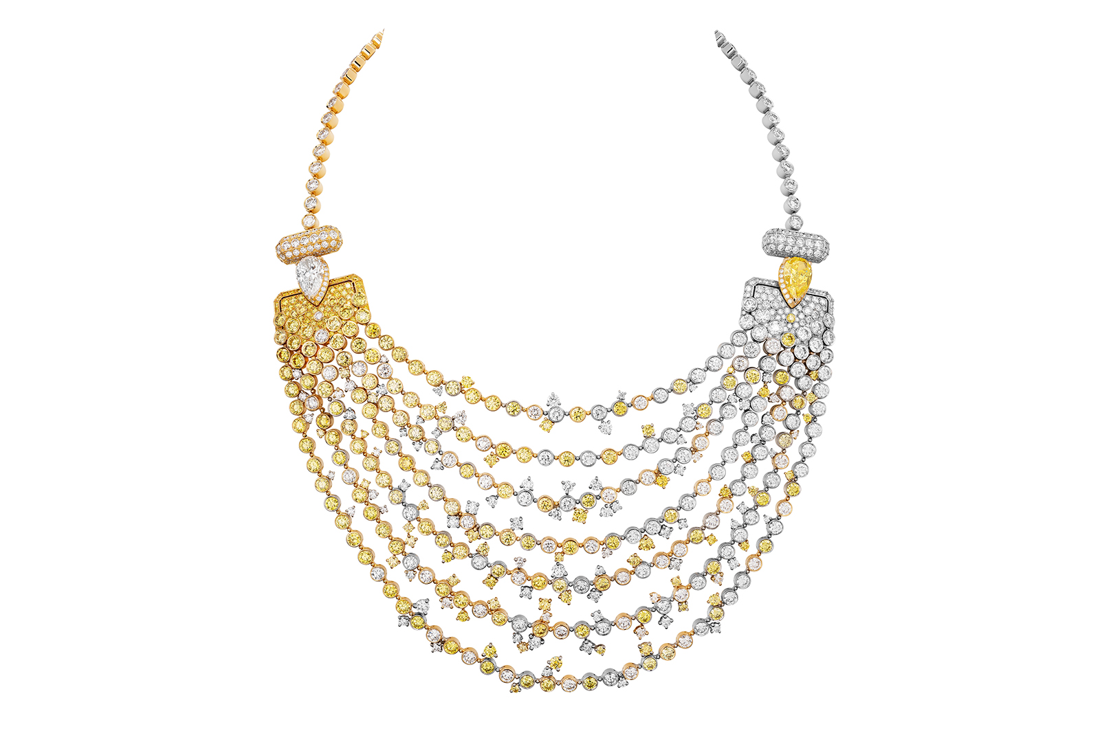 Chanel N°5 Abstraction High Jewellery necklace from Collection N°5 in yellow gold and platinum with diamonds and yellow diamonds, including one pear-cut yellow diamond of 4.10 carats and one pear-cut colourless diamond of 3.31 carats 