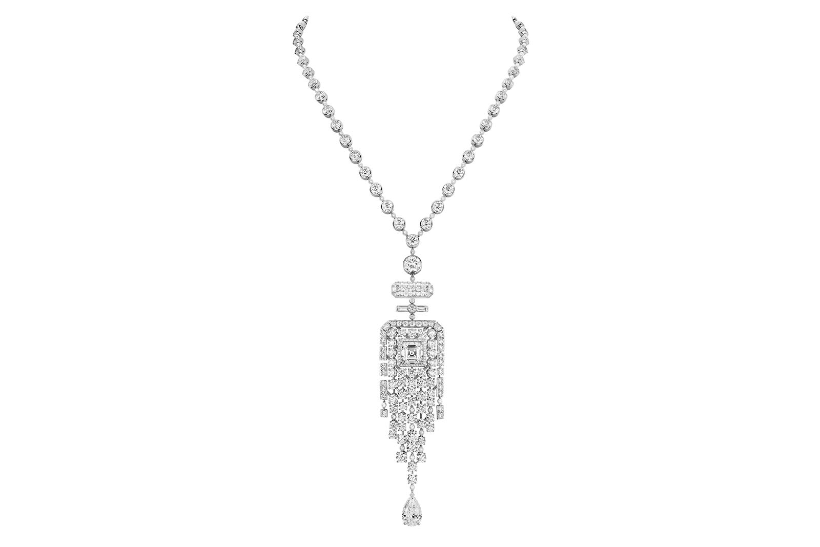  Chanel N°5 Signature Bottle High Jewellery necklace from Collection N°5 in white gold and platinum with diamonds, rock crystal and cultured pearls, including one asscher-cut diamond of 5.27 carats and one pear-cut diamond of 3.55 carats 