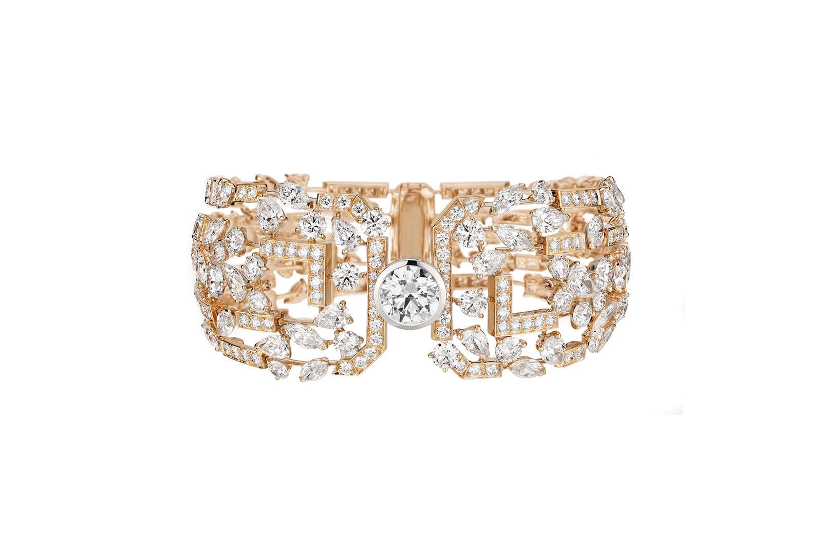  Chanel N°5 Sparkling Silhouette High Jewellery bracelet from Collection N°5 in platinum and pink gold with diamonds, including one round-cut diamond of 3.03 carats 