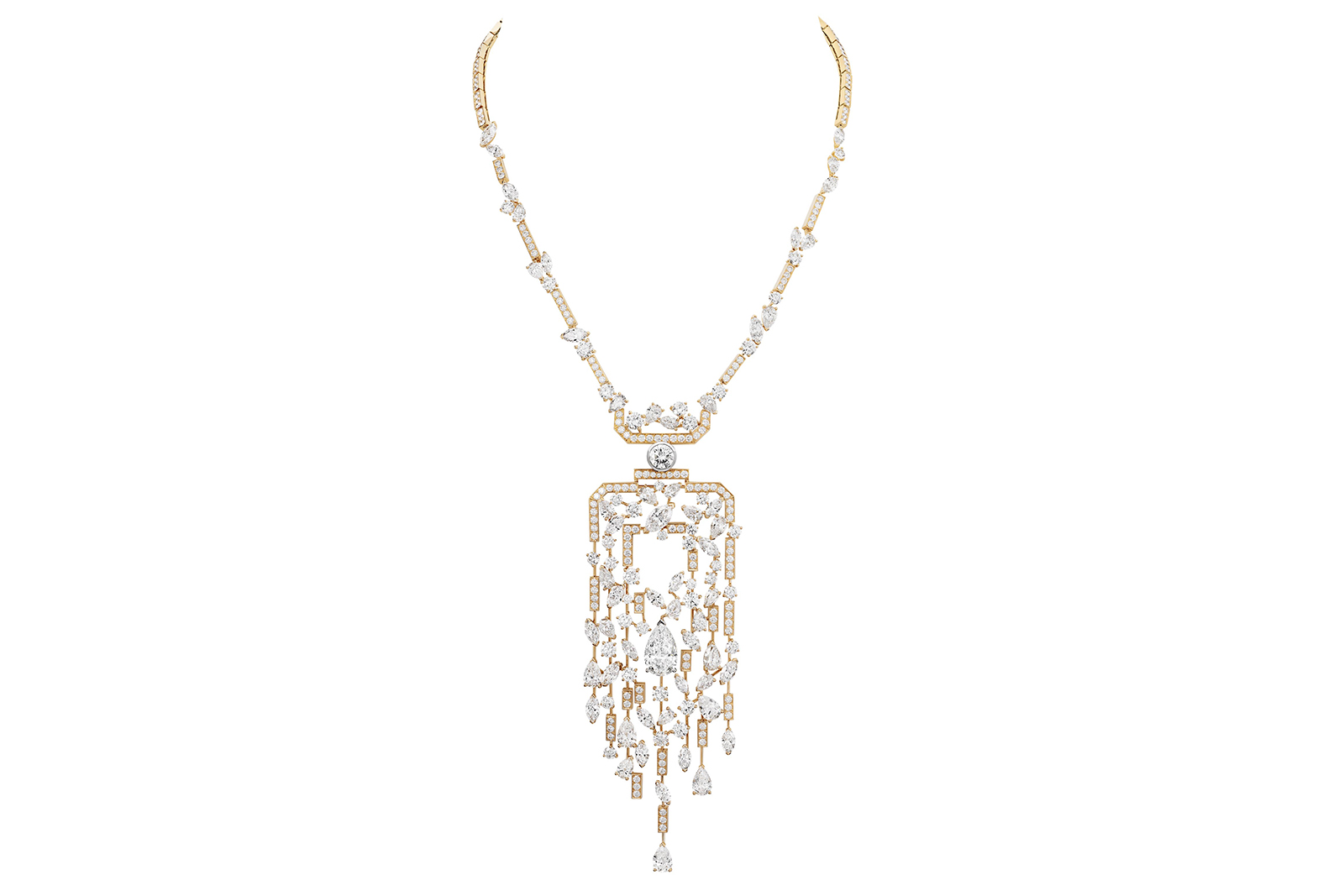  Chanel N°5 Sparkling Silhouette High Jewellery necklace from Collection N°5 in platinum and pink gold with diamonds, including one pear-cut diamond of 5.19 carats and one round-cut diamond of 1.55 carats 