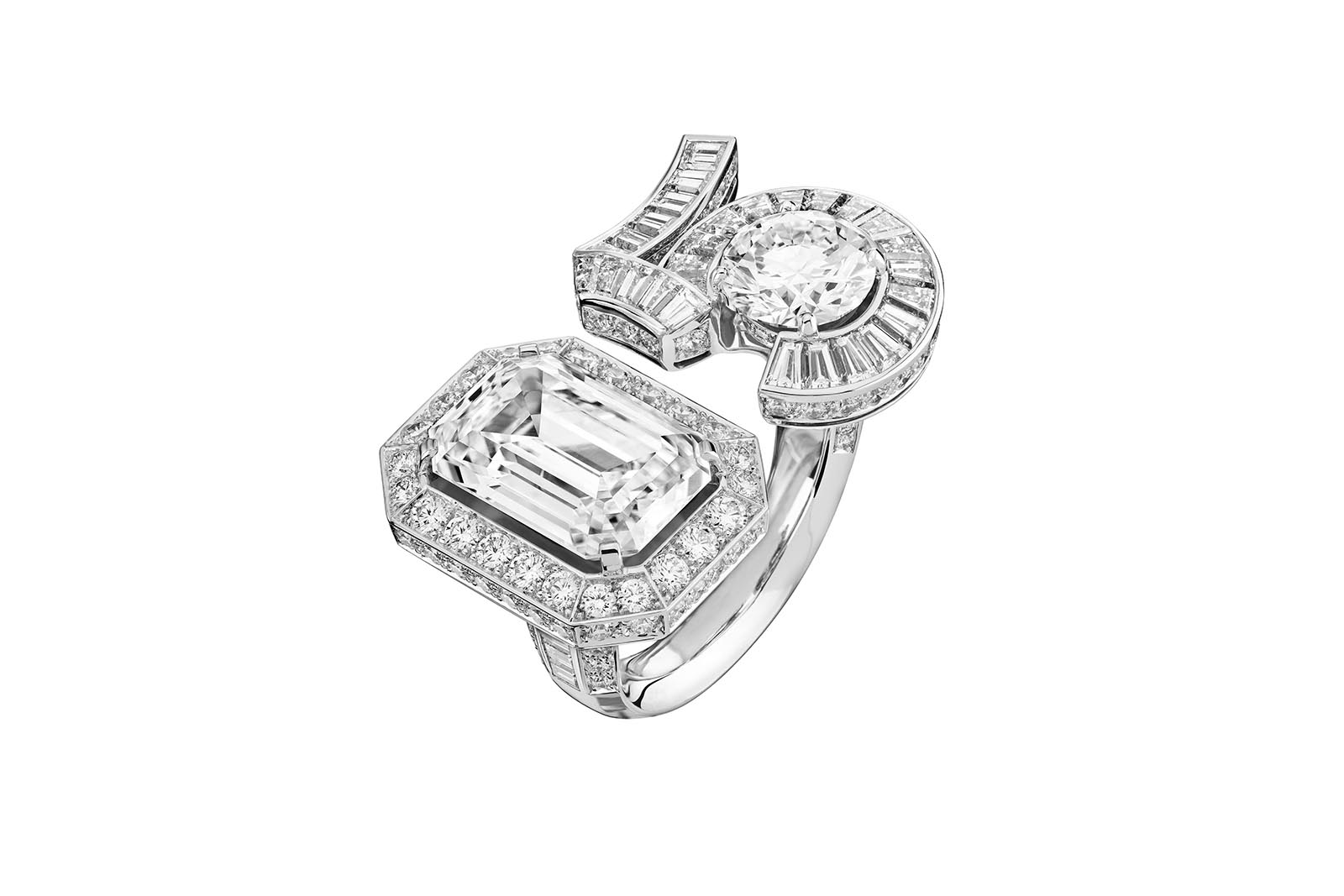   Chanel Graphic N°5 High Jewellery ring from Collection N°5 in white gold and diamonds, including one emerald-cut diamond of 8.03 carats and one round-cut diamond of 2.14 carats 