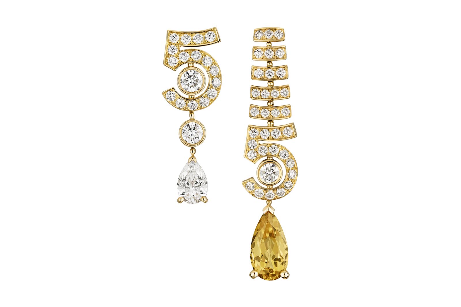 Chanel N°5 Drop High Jewellery earrings from Collection N°5 in yellow gold with diamonds and yellow beryl, including one pear-cut yellow beryl of 2.52 carats