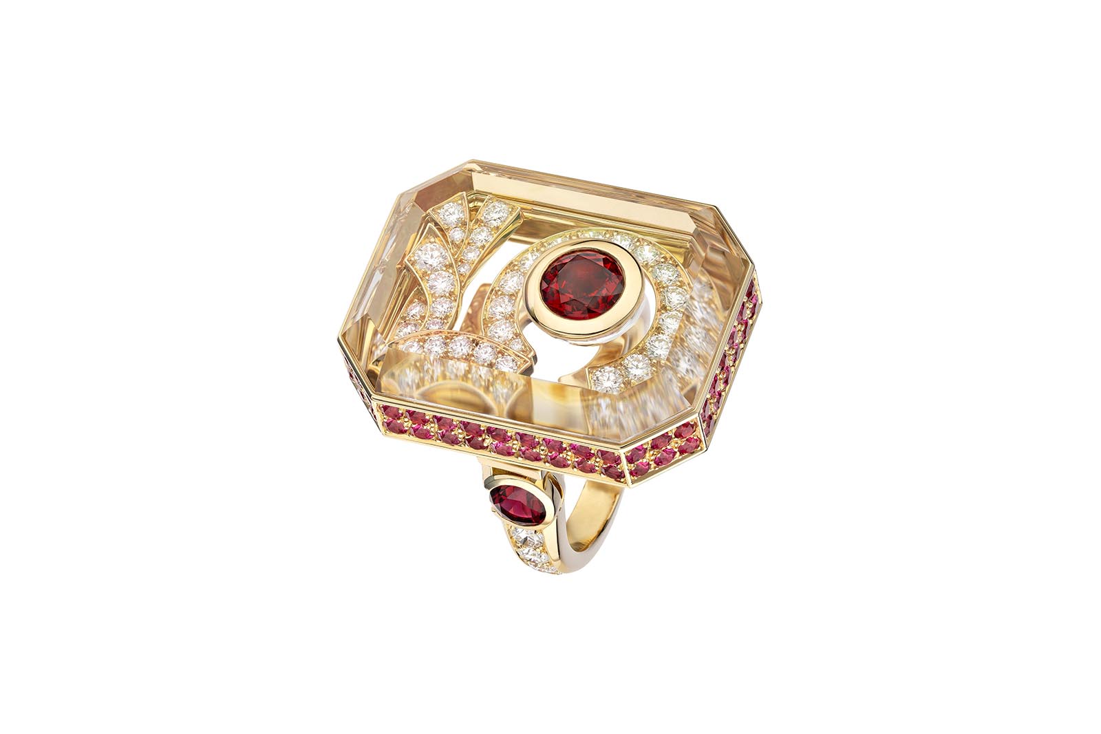  Chanel Ribboned N°5 High Jewellery ring from Collection N°5 in yellow gold with diamonds, spinels, rock crystal and glass, including a 1.01 carat round-cut spinel 