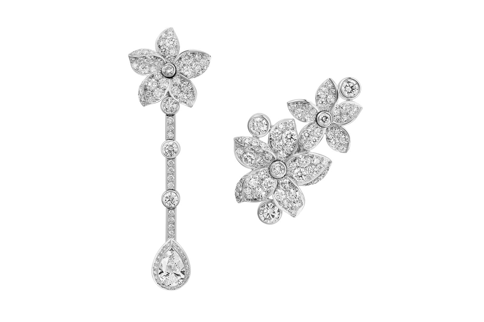 Chanel Grasse Jasmine High Jewellery asymmetrical earrings from Collection N°5 in white and diamonds, including a 1.06 carat pear-cut diamond solitaire