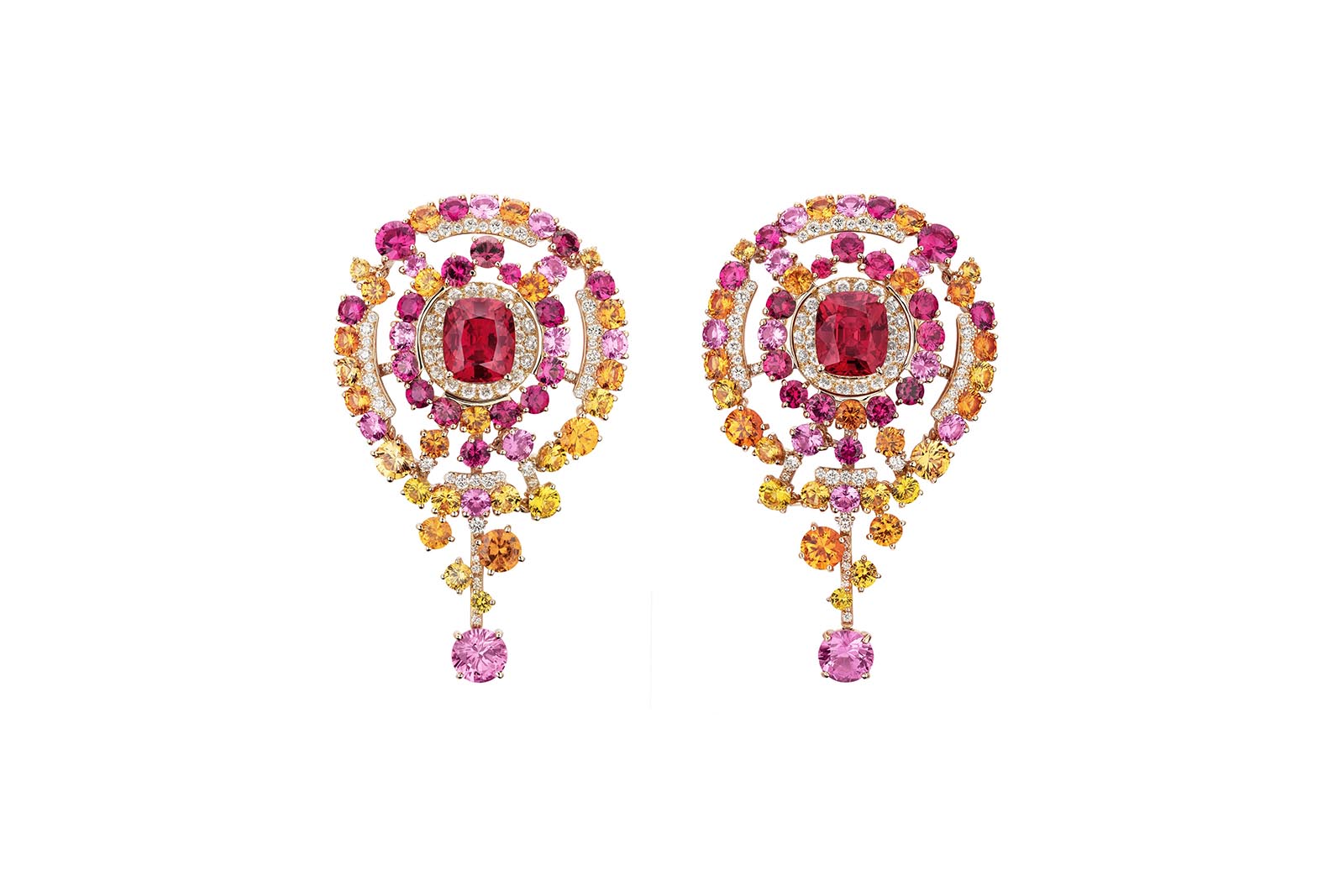  Chanel Blushing Sillage High Jewellery earrings from Collection N°5 in pink gold with diamonds, rubies, spinels, garnets and yellow sapphires, including two cushion-cut spinels of 3.14 and 3.10 carats 