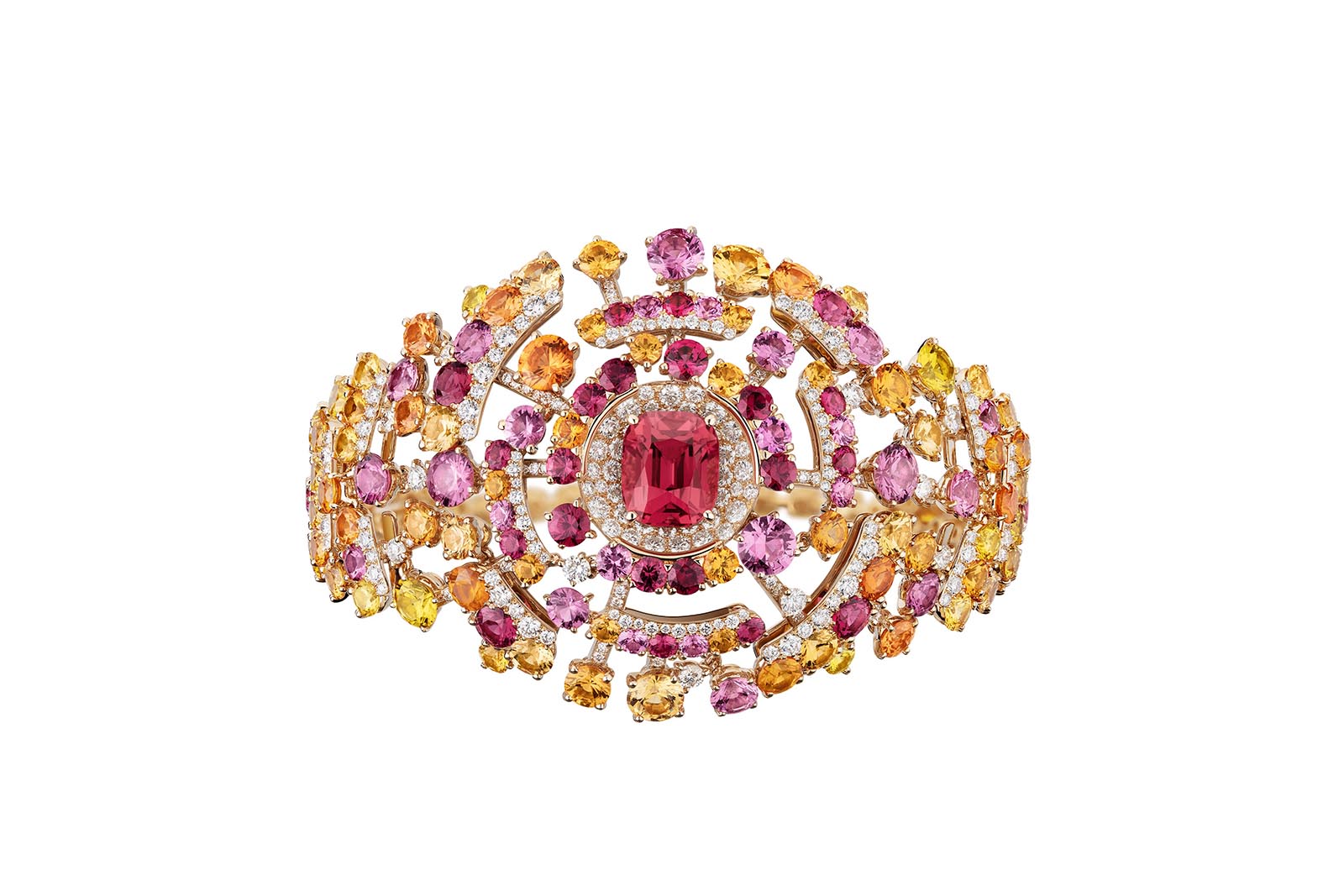 Chanel Blushing Sillage High Jewellery bracelet from Collection N°5 in pink gold with diamonds, rubies, spinels, garnets and yellow sapphires, including one cushion-cut spinel of 4.39 carats 