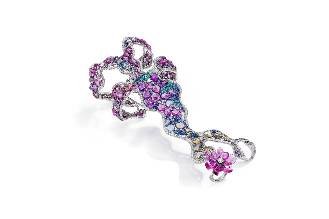  Anna Hu Waterlilies bracelet hand-piece inspired by the paintings of Claude Monet, set with a multitude of coloured gemstones, briolettes, cabochons and diamonds   