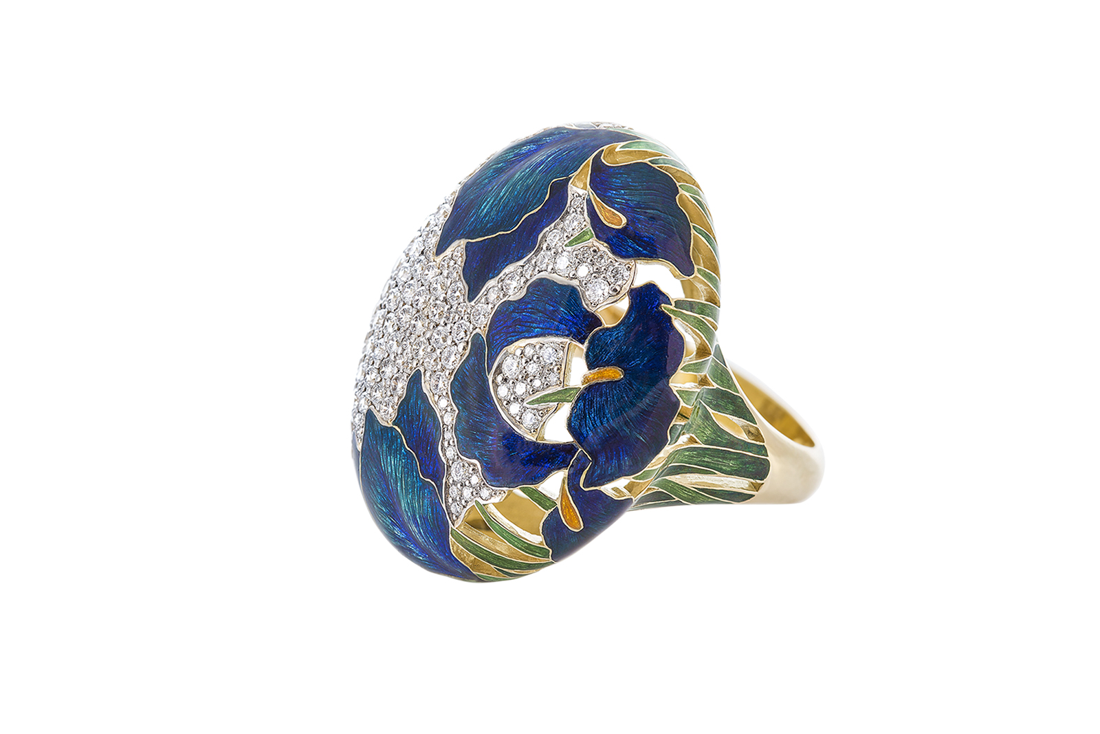  Ilgiz F. Claude Monet-inspired irises ring decorated using hot enamel techniques and set with diamonds