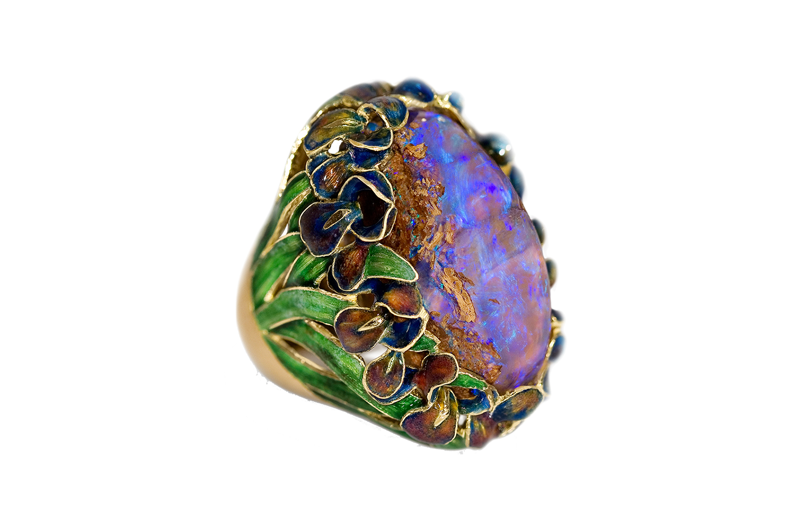  Ilgiz F. Claude Monet-inspired ring with a boulder opal gemstone 'pond' surrounded by hot enamel irises in yellow gold