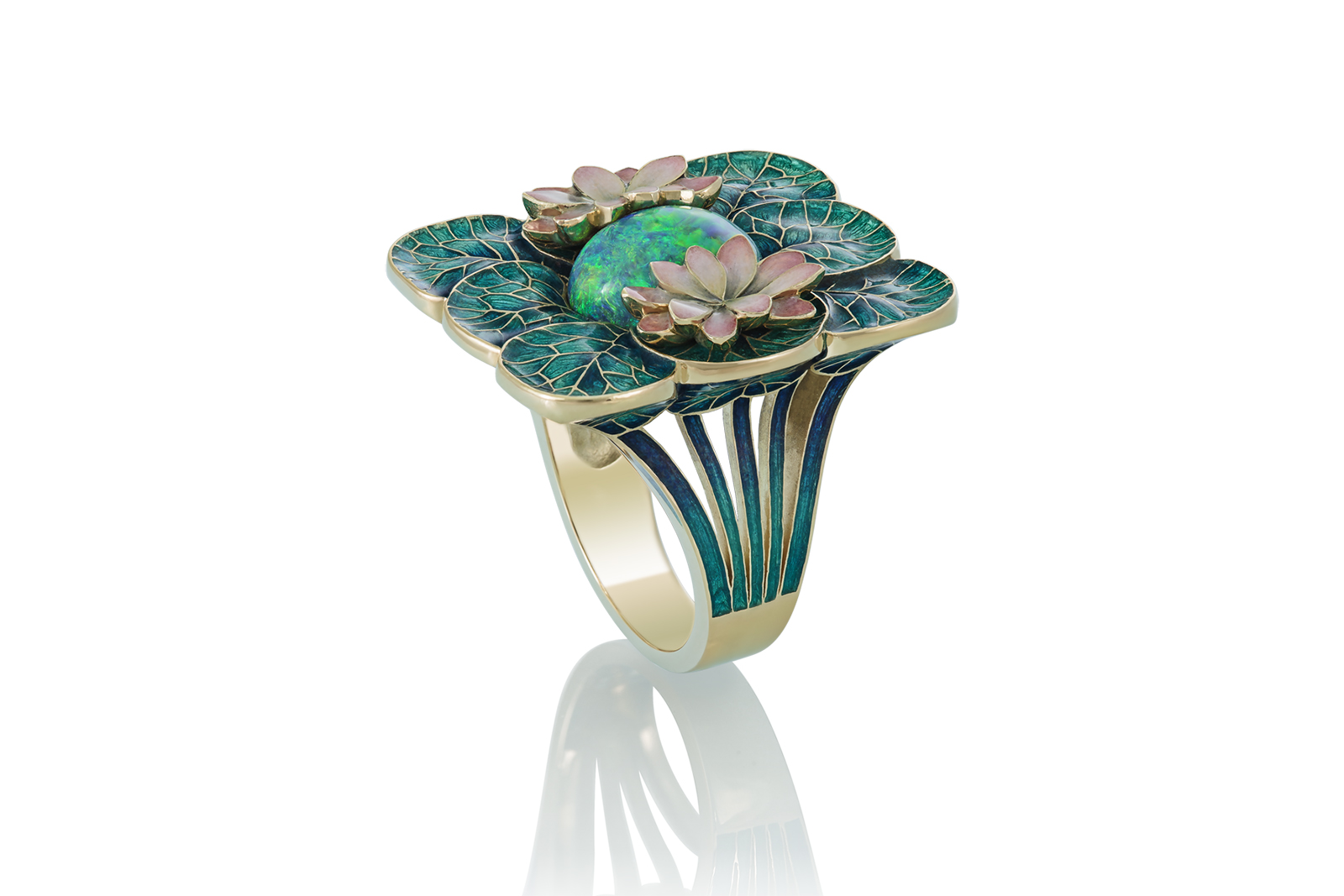  Ilgiz F. Claude Monet-inspired lotus flower ring with an opal centre stone surrounded by hot enamel lotus leaves