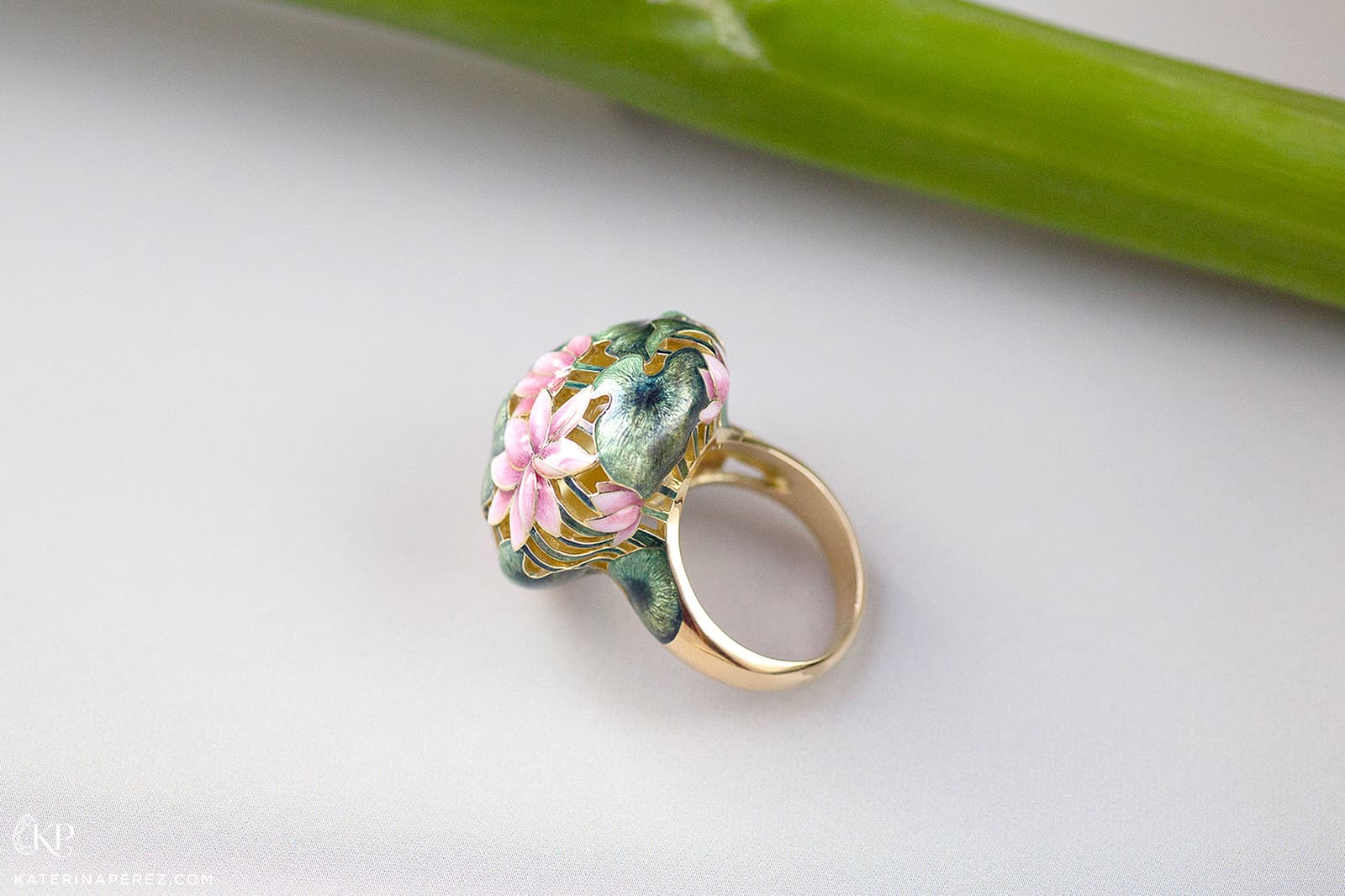 Ilgiz F. Claude Monet-inspired waterlilies ring crafted using hot enamel techniques in yellow gold
