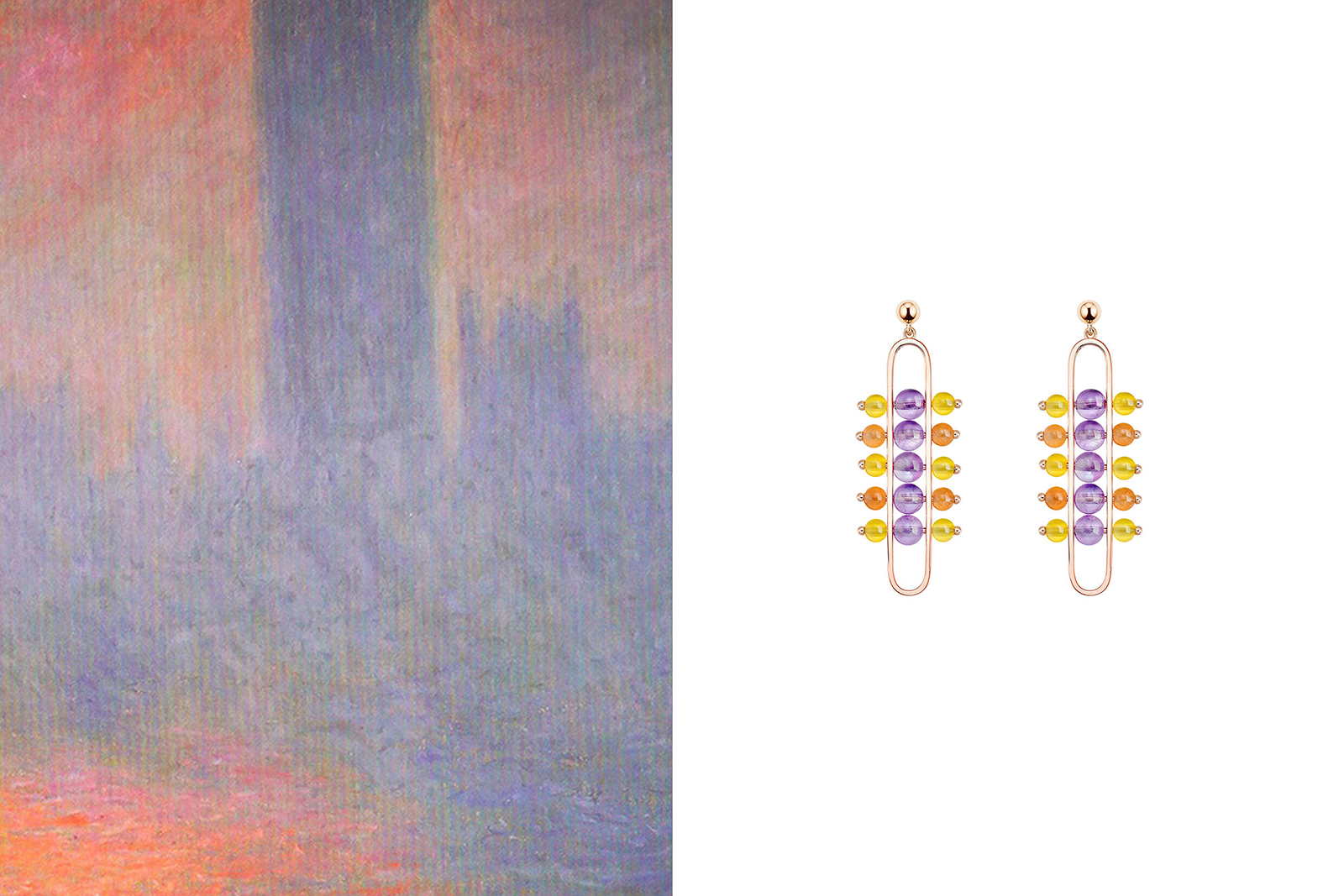  Zeemou Zheng The Impressionists Dangle earrings in 18k rose gold with amethyst, yellow chalcedony and red aventurine, inspired by ‘Houses of Parliament, The Sun Shining through the Fog’ by Claude Monet