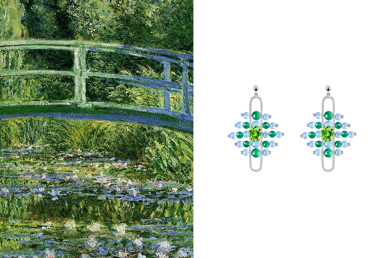  Zeemou Zheng The Impressionists Dangle earrings in 18k white gold with pavé diamonds, Fuli peridot, and blue and green chalcedony, inspired by ‘Water Lilies and the Japanese bridge’ by Claude Monet