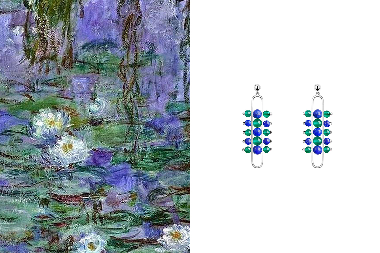 Zeemou Zheng The Impressionists Dangle earrings in 18k white gold with lapis lazuli and green chalcedony, inspired by ‘Blue Water Lilies’ by Claude Monet
