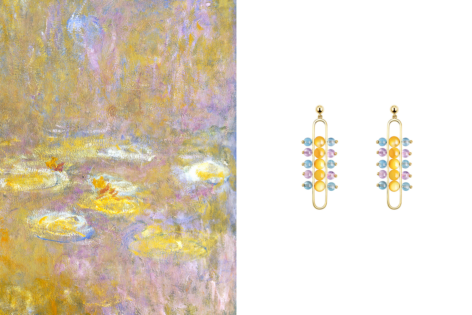  Zeemou Zheng The Impressionists Dangle earrings in 18k yellow gold with golden mother of pearl, aquamarine and amethysts, inspired by ‘Water-Lilies’ by Claude Monet
