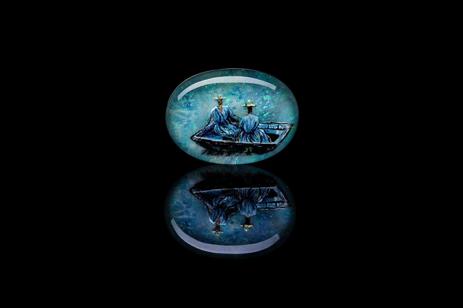 Pauly rock crystal cabochon reverse intaglio carved, painted with oil and gold and backed with a thin layer of opal, inspired by ‘The Blue Rowing Boat’ by Claude Monet