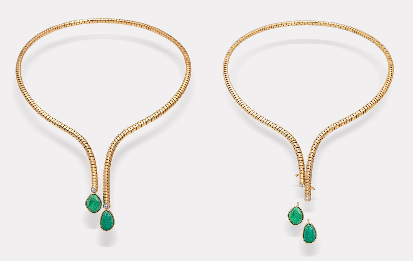Marina B Trisolina Muzo emerald asymmetrical necklace with two detachable Muzo emerald cabochons of 12.1 carats and diamonds in 18k yellow gold, titanium and silver