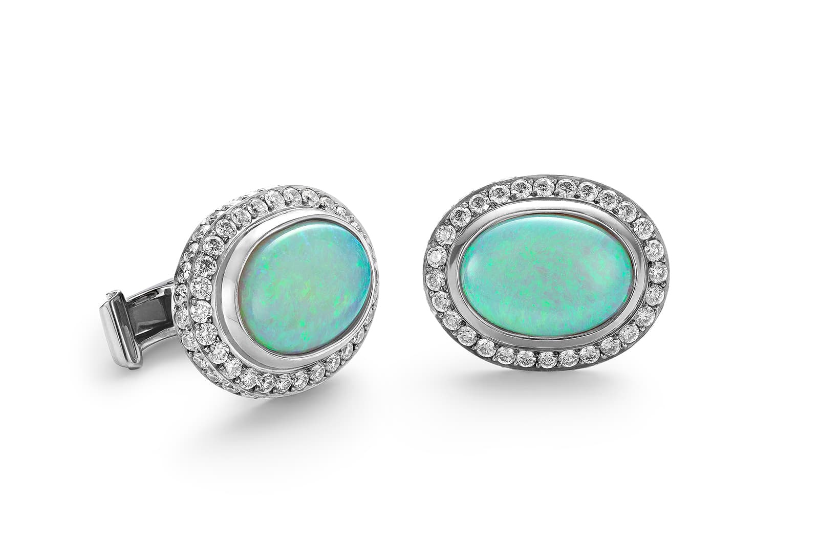 Theo Fennell 18k black rhodium-plated white gold cufflinks with 7.52 carats of opal and 2.40 carats of diamonds