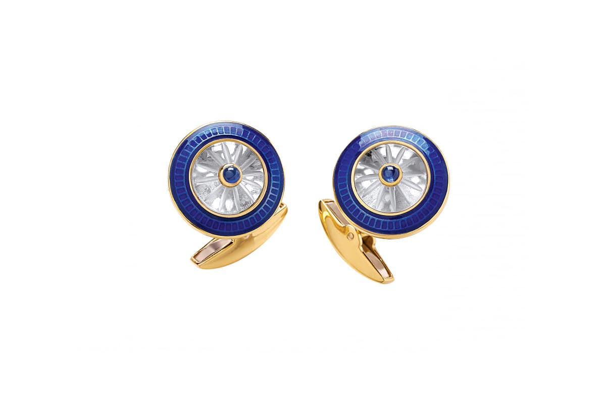  Deakin & Francis round crystal cufflinks with sapphire centre stones set in 18k yellow gold