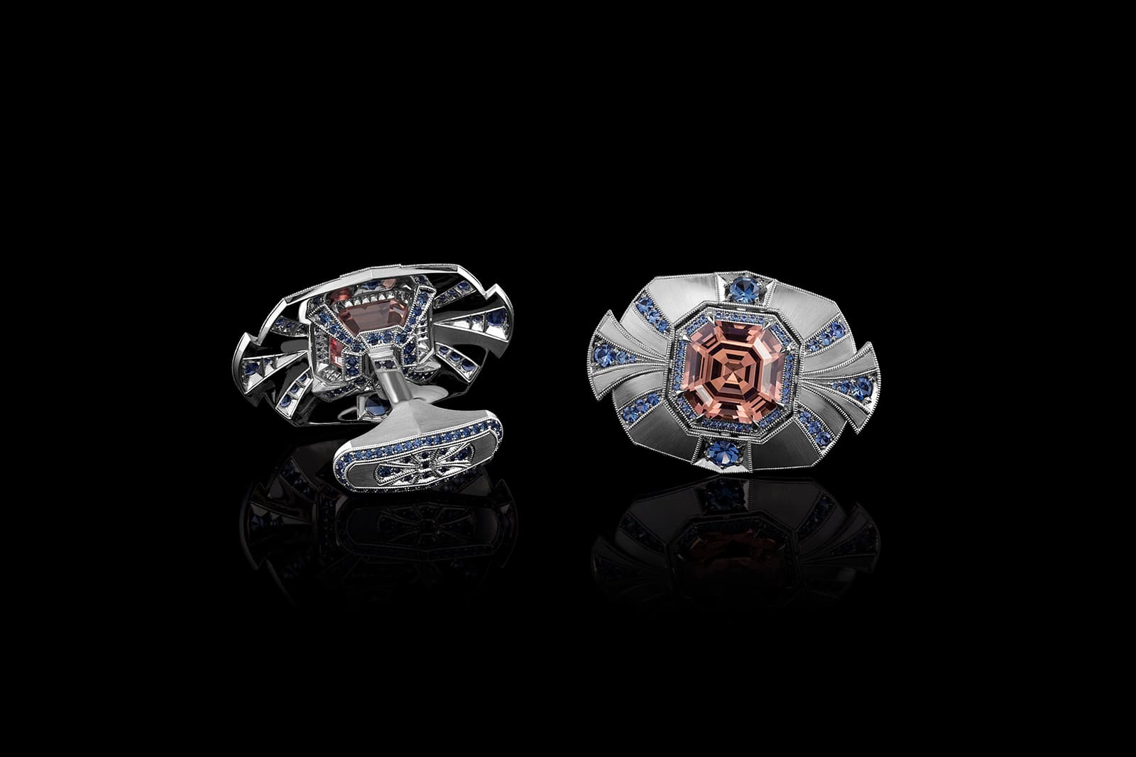 Jeremy Dunn’s AGTA Spectrum Award-winning cufflinks with peach garnets and blue sapphires in platinum
