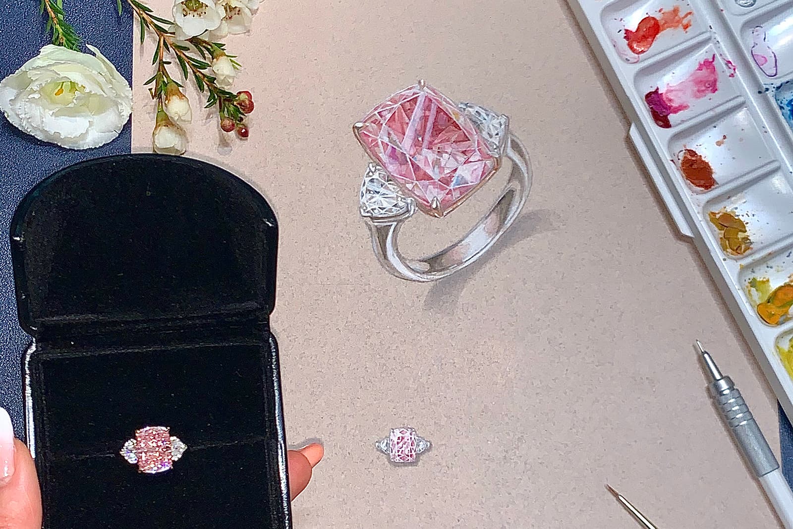  Gemma Fine Jewellery designs and creates bespoke diamond engagement rings, including this cushion-cut pink and colourless diamond trilogy