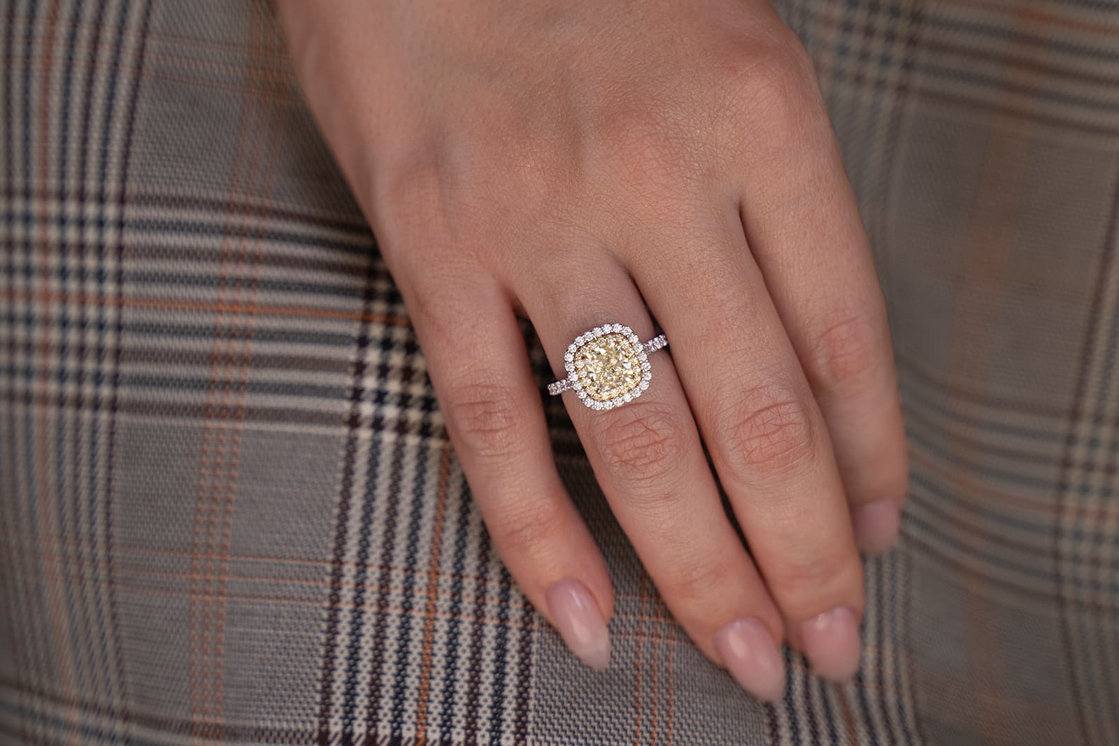  Miracle yellow diamond and colourless diamond halo engagement ring