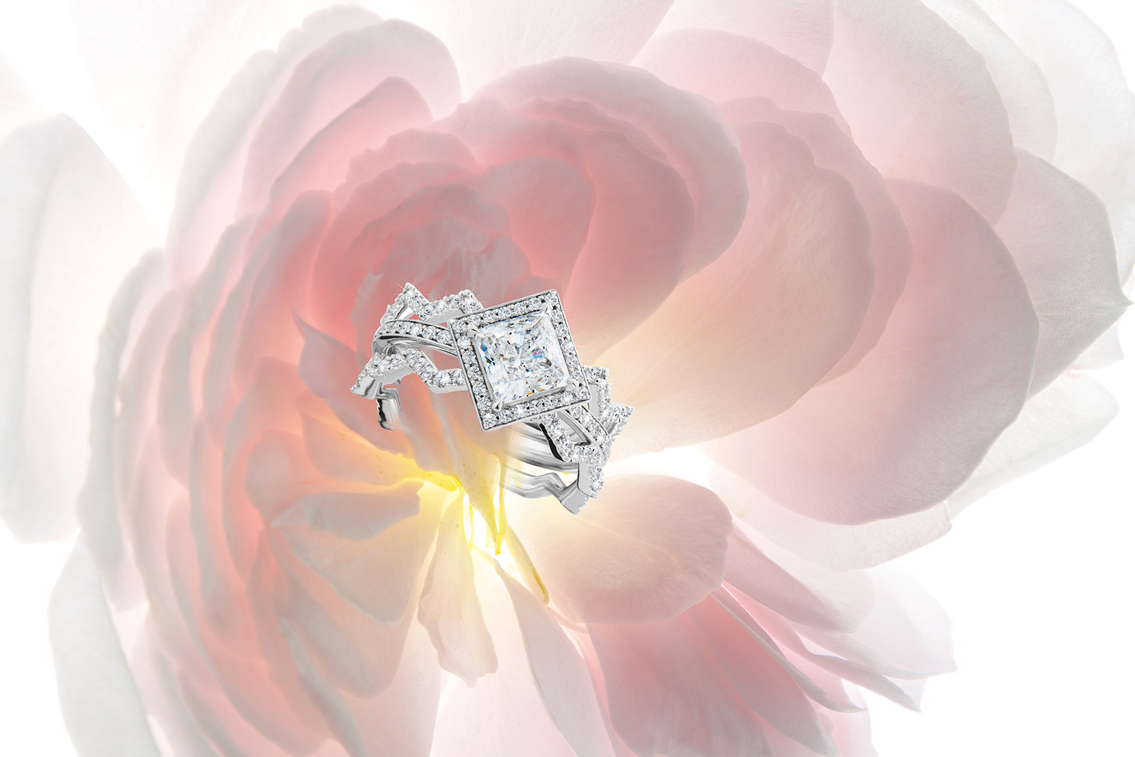 LX Antwerp diamond engagement ring stack with princess-cut diamonds