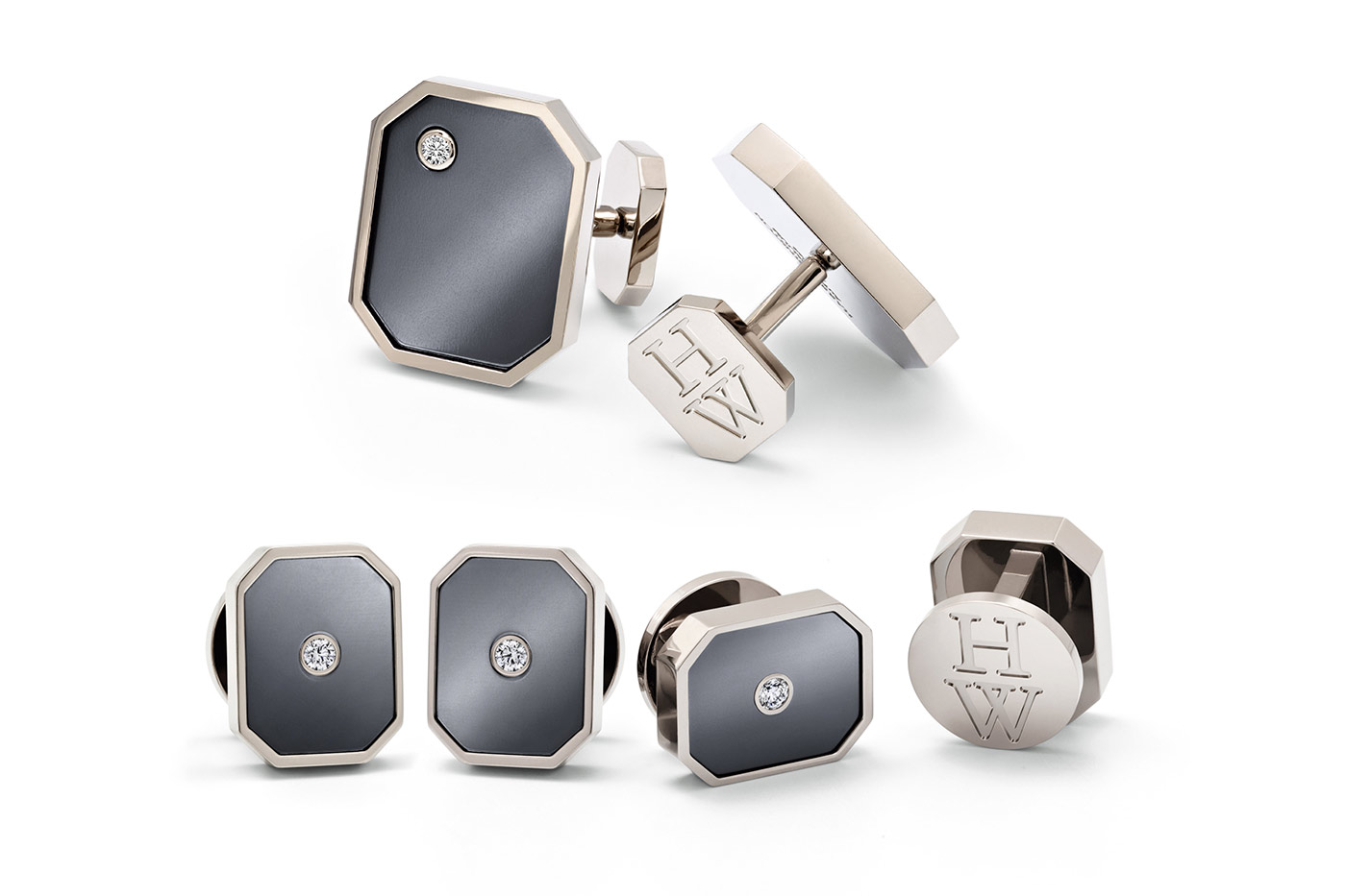 Harry Winston Zalium cufflinks and dress studs with round-cut diamonds