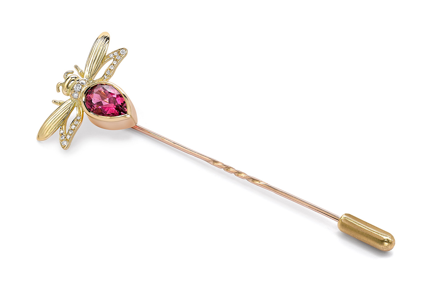  Theo Fennell Firefly stick pin with a 1.19 carat pear-cut pink tourmaline and diamonds in 18k yellow gold 