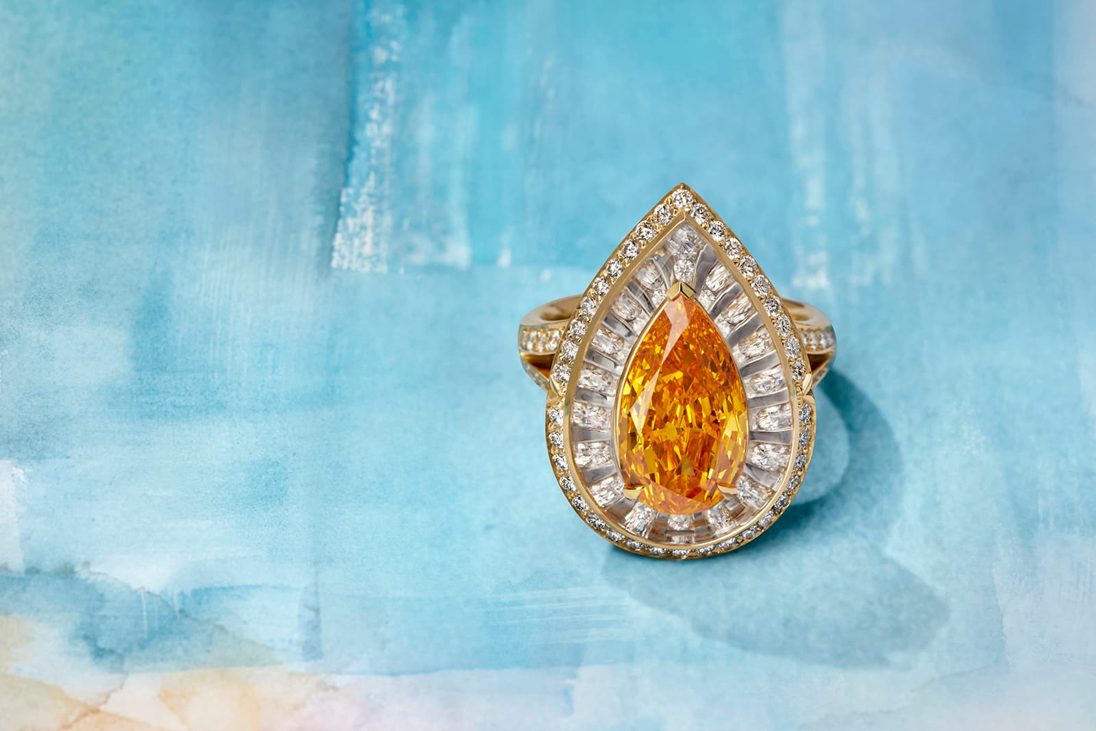 Boodles Havana ring with a vivid orange pear-shaped diamond and rock crystal inlay from the ‘Around the World in 16 Days’ High Jewellery collection, inspired by city of Havana, Cuba 