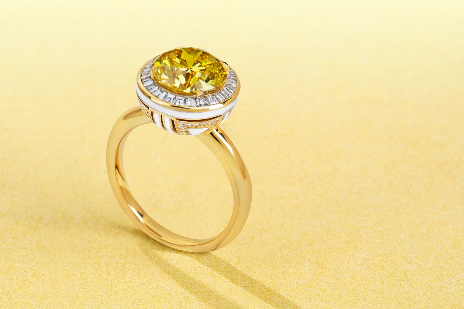  Boodles Capri ring with a 3 carat vivid yellow diamond and enamel from the ‘Around the World in 16 Days’ High Jewellery collection, inspired by Capri, Italy 